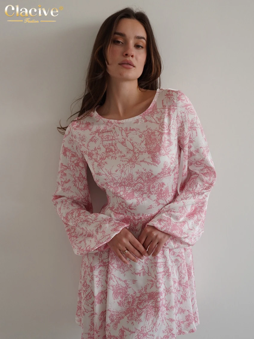 

Clacive Fashion Loose Print Women's Dress 2025 Casual O-Neck Long Sleeve Mini Dresses Elegant Classic High Waist Female Dress