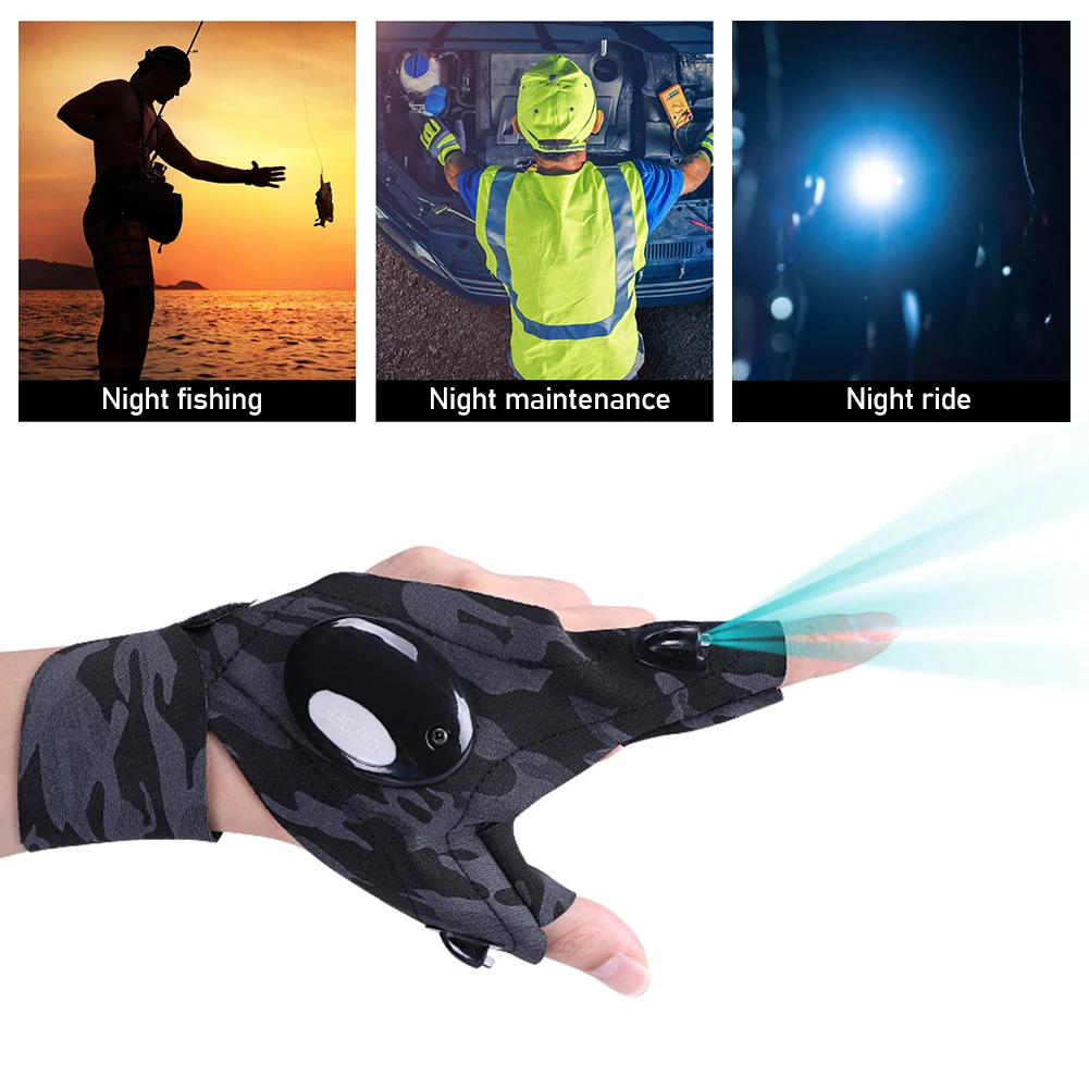 LED Fishing Gloves Waterproof Outdoor Flashlight Tool Survival Rescue Light Camouflage Fingerless Gloves