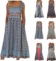¡2025 verano nuevo! Vestido de playa MIDI informal floral bohemio sin mangas para mujer con bolsillos que fluyen y sueltos