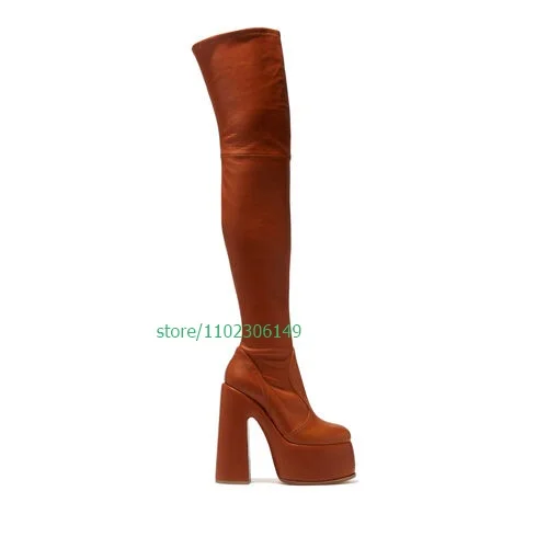 Lady Brown PU Platform Sexy Thigh Boots Daily Party Causal Chunky Heel Boots Winter Fall Over the Knee Boots Size Footwear 46