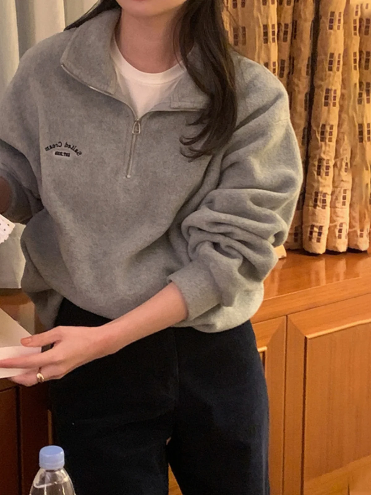 Grey Oversized Hoodie Women's Fall Winter Fashionable Versatile Loose Fit Zipper Design Small Size Friendly Trendy Top