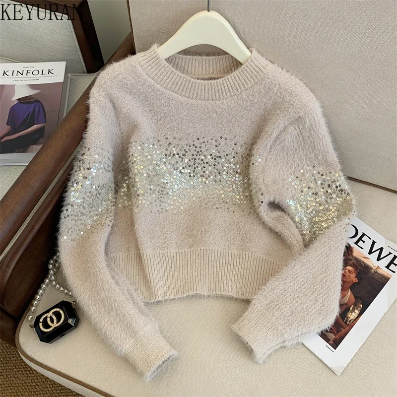 Sequins Pullovers Sweater Women\'s Autumn Winter Korean Style O-Neck Long Sleeve Khaki Short Mohair Sweaters Jumpers Pull Femme