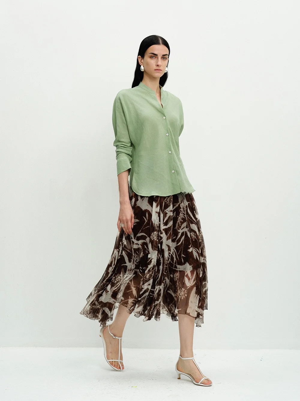 MANNALA Mint Island Linen 45 Degree Slash Slim Fit Design Sense South France Shirt Q2584 Women's Long Sleeve Regular Length