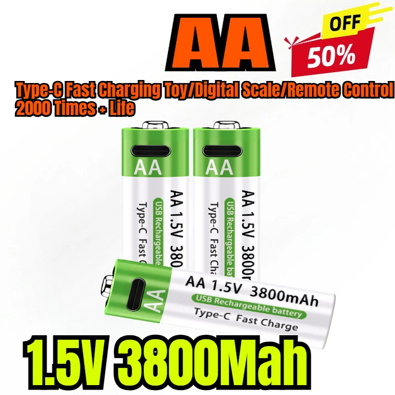 

Aa Rechargeable Battery 1.5V 3800Mah Large Capacity Type-C Fast Charging Toy/Digital Scale/Remote Control 2000 Times + Life