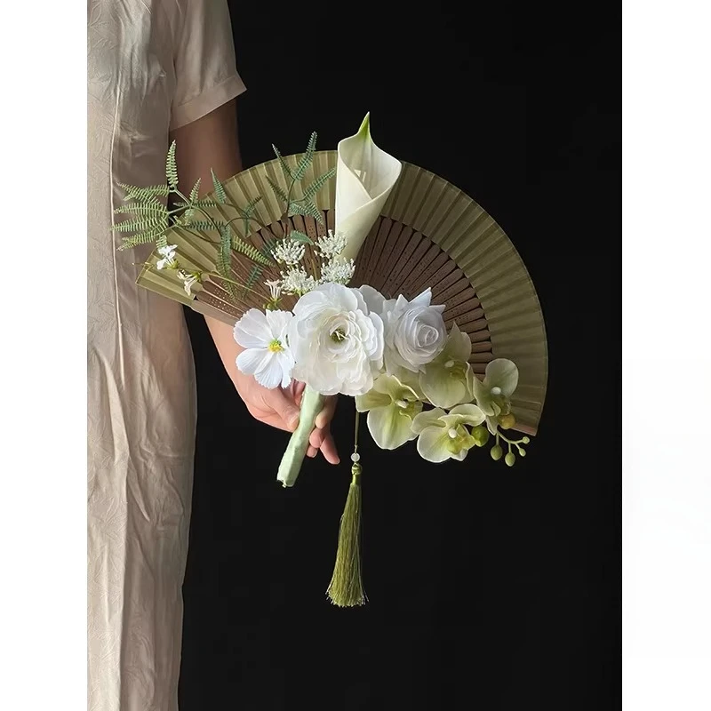 Folding fan new Chinese hand holding simulated flower rose bow wedding photography home display