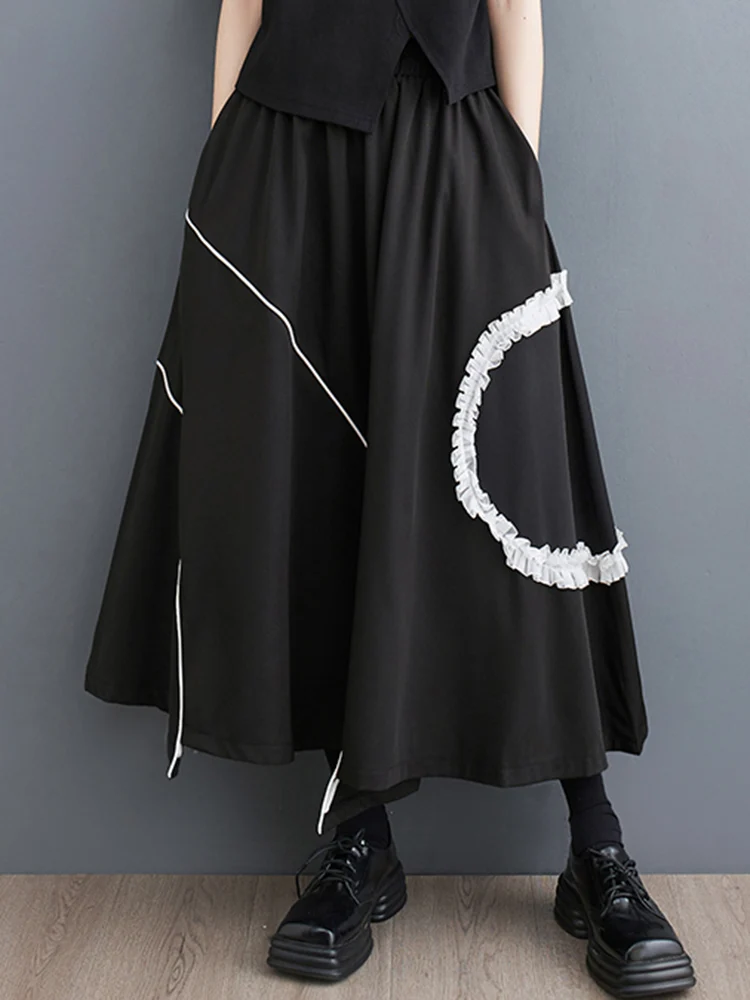 

Черная винтажная лоскутная юбка нестандартной формы с высокой талией, женская новая корейская модная свободная повседневная длинная юбка, весна-лето 2025