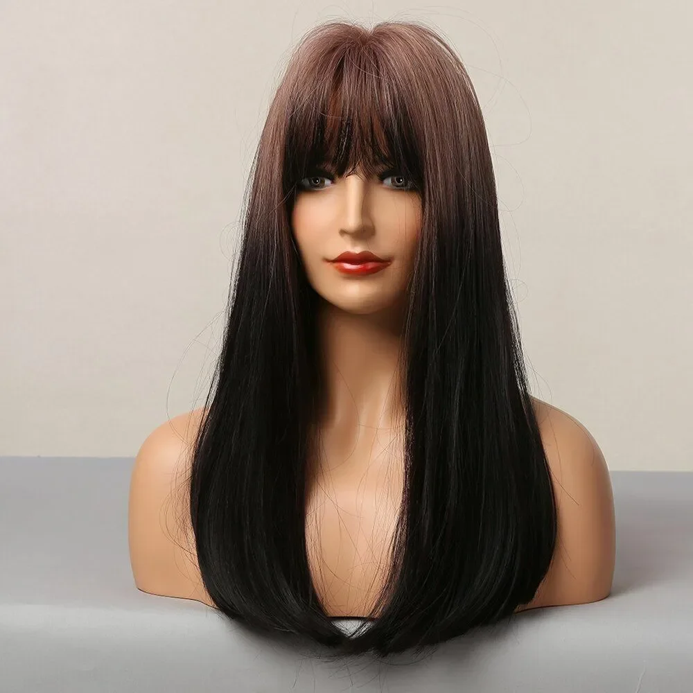 Long Ombre Brown Straight Synthetic Cosplay Bangs Party Hair wig Heat Resistant