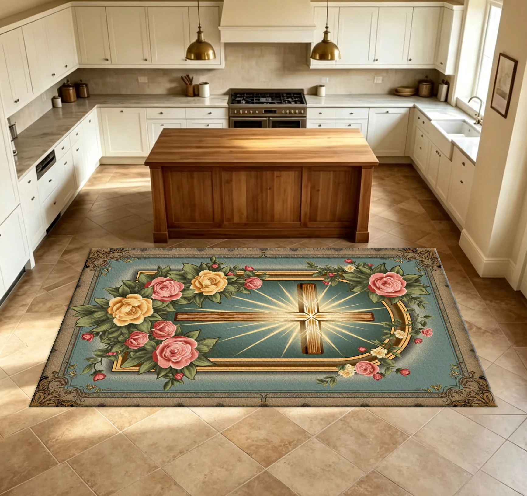 Vintage Rose Floral Cross Art Carpet Flooring Religious Themed Household Decorative Floor Carpet