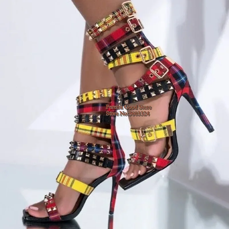 Metal Studded Buckle Strap Denim Sandals Square Toe Thin Heels Jeans Strappy Sandals Shoes Hollow Cage Gladiator Shoes
