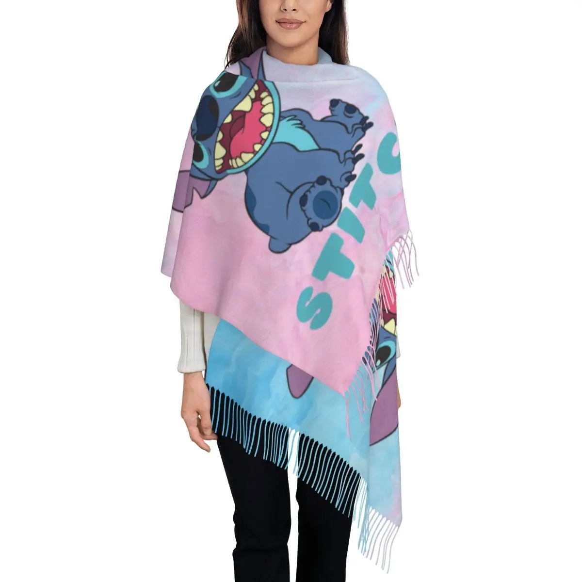 Custom Stitch Disney Cute Scarf Wrap Women Long Winter Warm Tassel Shawl Unisex Kawaii Scarves