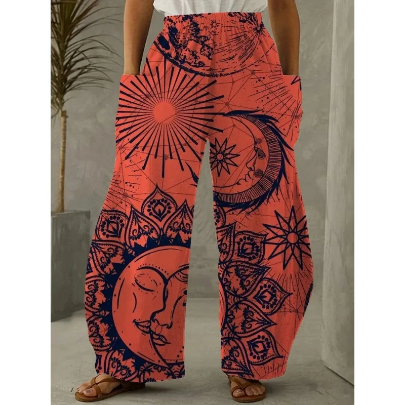 Pantalon à jambes larges imprimé soleil et lune avec ceinture élastique, pantalon Mandala Vintage, confortable, décontracté, printemps/été