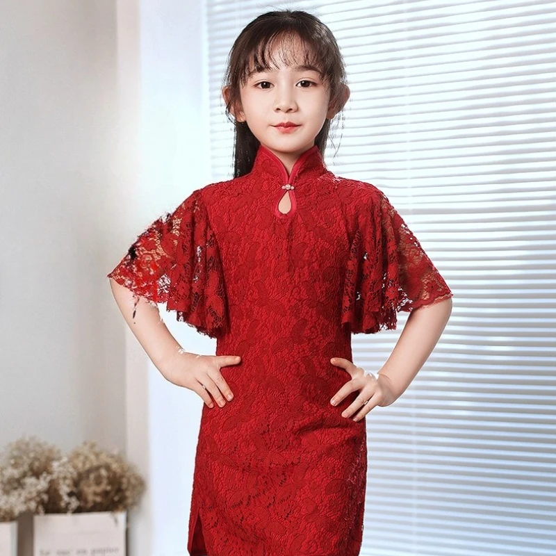 

Платье с цветочным узором в китайском стиле для девочек, красное детское платье Cheongsam для девочек, новое винтажное праздничное платье принцессы для детской одежды