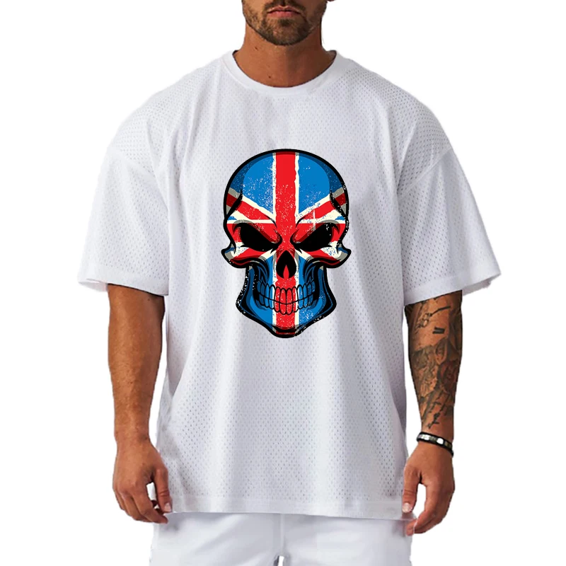 

Мужские свободные футболки для бега большого размера с флагом Великобритании и черепами, спортивная футболка с коротким рукавом, летняя сетчатая быстросохнущая одежда для фитнеса и спортзала