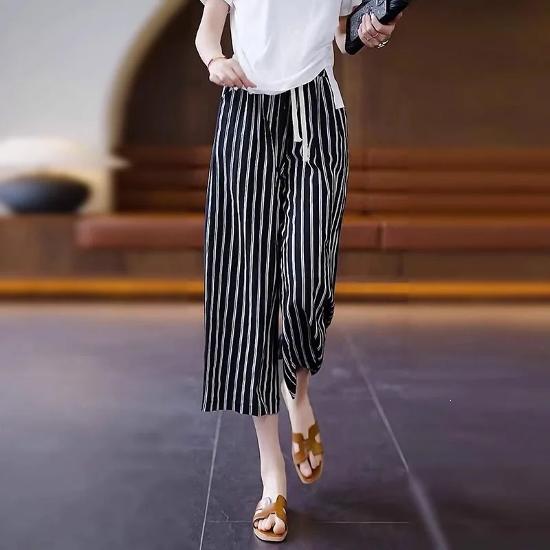 Cotton Linen Stripe Loose Wide Leg Pants Summer Thin Drapey High Waist Casual Nine Pointed Pants for Women All Match
