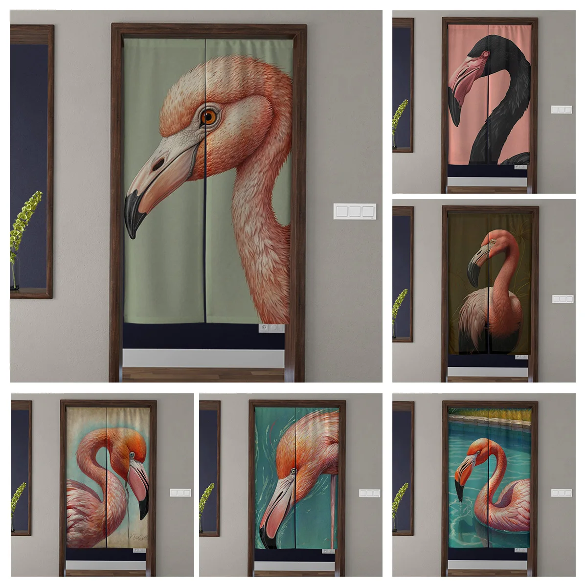 Door Curtain Noren Room Partition Privacy Protection Pendant Japanese Kitchen Decoration Household Multi Size animals flamingos