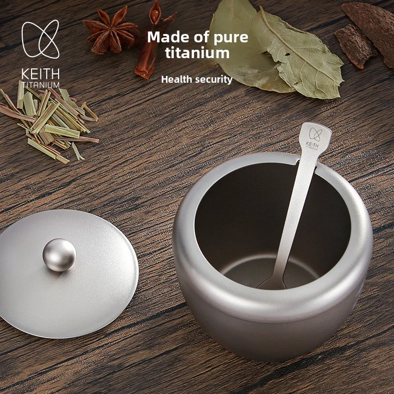 KEITH Ultralight  Titanium Spice Jar 220ml Portable Condiment Can with Lid & Spoon Household Kitchen Seasoning Storage Container