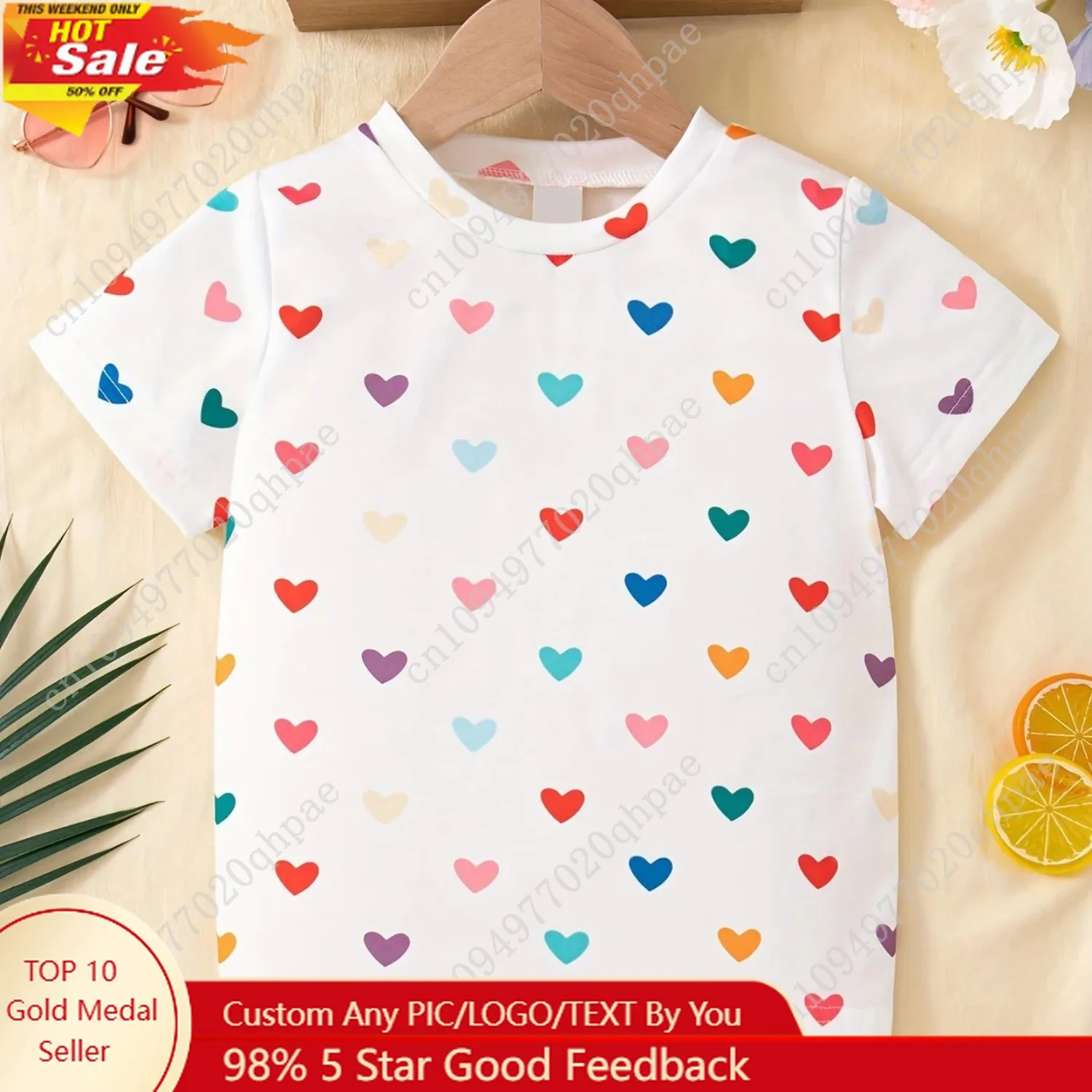 

2024 Children's Clothing Girl T-Shirt Short Sleeve Child T-Shirt Vibrant Heart Graphic Casual Kids Summer Clothes Girl Top Tees