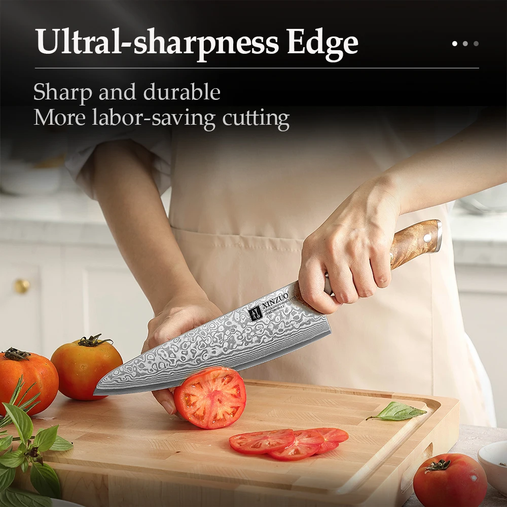 XINZUO Damascus Steel 2PCS Kitchen Knife Set 10Cr15CoMov Steel Core Figured Sycamore Handle  Hardness 60±2HRC Beautiful Gift Box