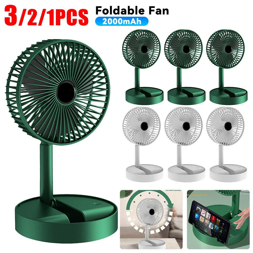 1-3PCS USB Foldable Fan Adjustable Height Desk Fan Portable Telescopic Floor Stand Fan 2000mAh 3 Speeds Summer Air Circulators