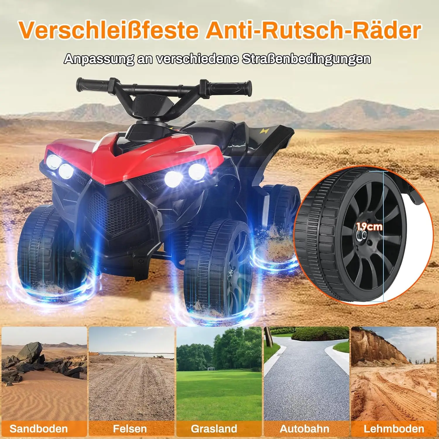 Kinder fahren auf ATV, elektrisches Gelände-Quad-Auto, 6 V, batteriebetrieben, mit Musik, Licht, Rot