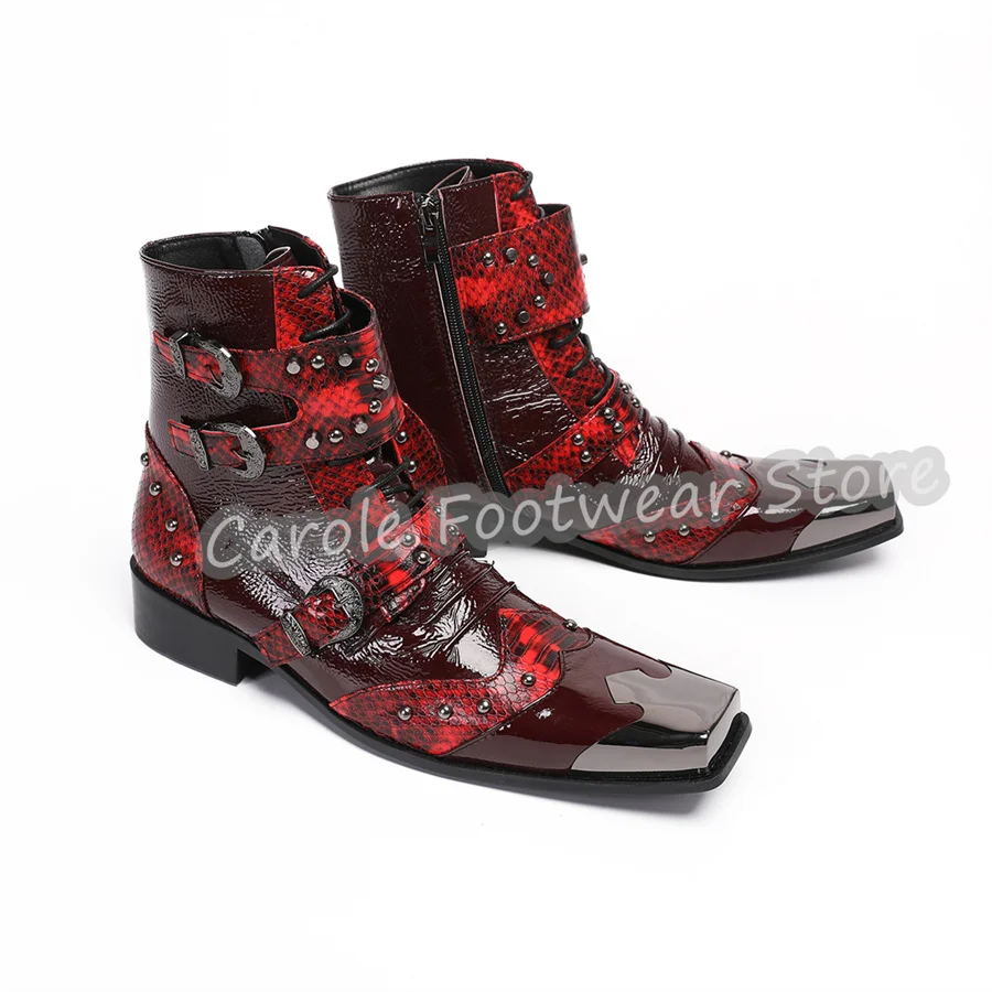 

Punk Rock Male Crocodile Emboss Genuine Leather Ankle Boots Metal Square Toe Belt Buckle Decor Western Cowboy Boots