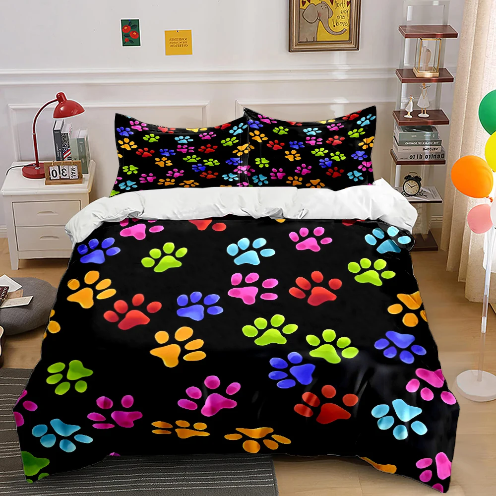 Colorful Paw Print Pattern Background Print Bedding Set 1 Duvet Cover 2 Pillowcases for Adult and Children Luxury Gift Full Size