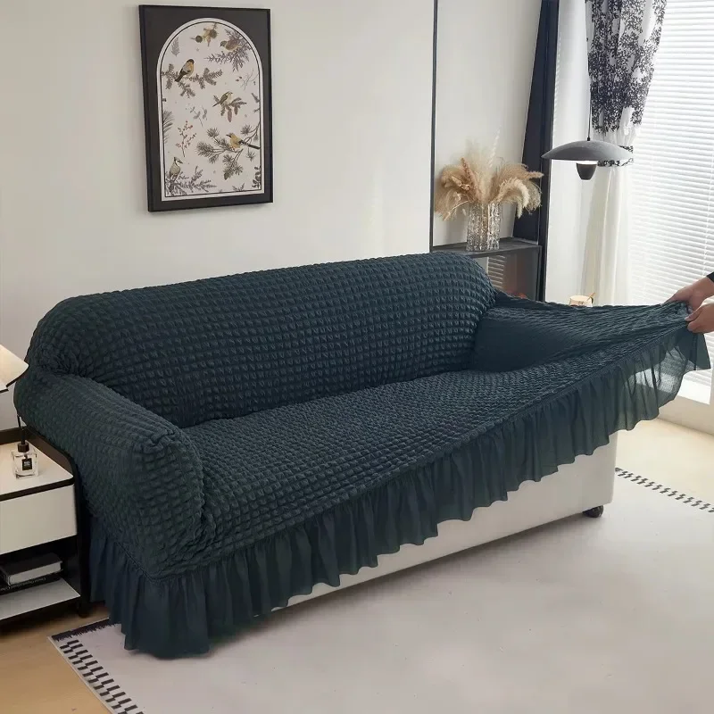 Solid Color Seersucker Sofa Cover with Skirt, Full Coverage, Non-Slip, Dustproof, Stretch Sofa Slipcover for Couch with Armrests
