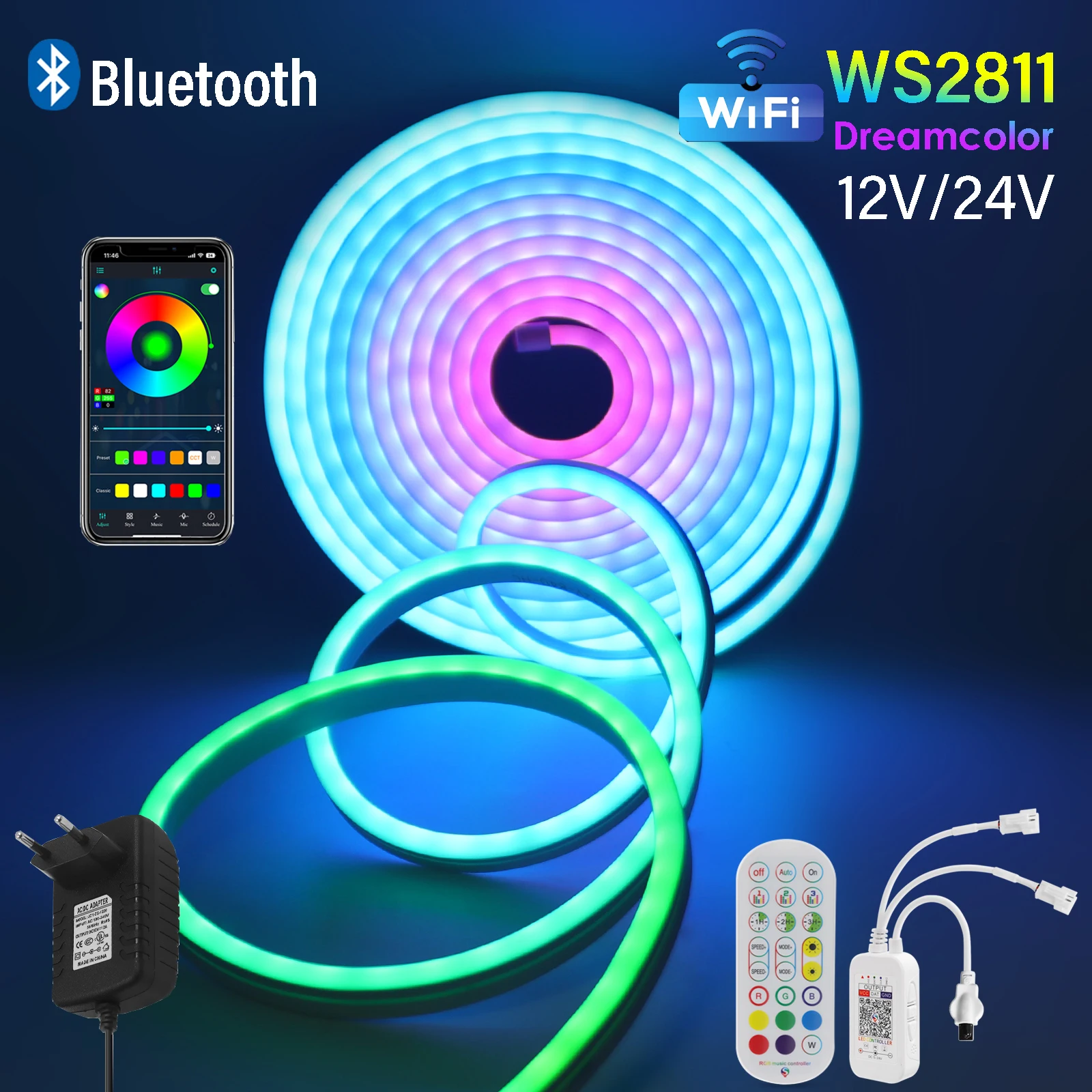 

Smart WiFi Bluetooth RGB Neon LED Strip Light DC 12V 24V WS2811 Color Changing Flexible Tape 6X12MM Waterproof Neon Rope Lights