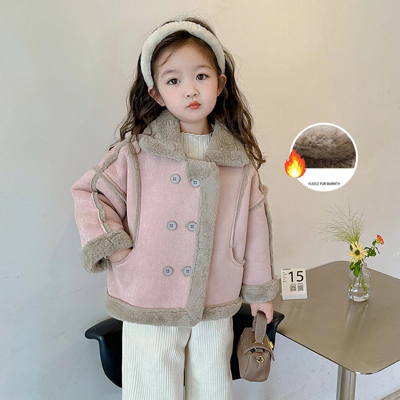 Girls' Velvet Coat Double-faced Fur Winter New Suede Thickened Warm Top Korean Baby Girls Loose Double-breasted Outerwear