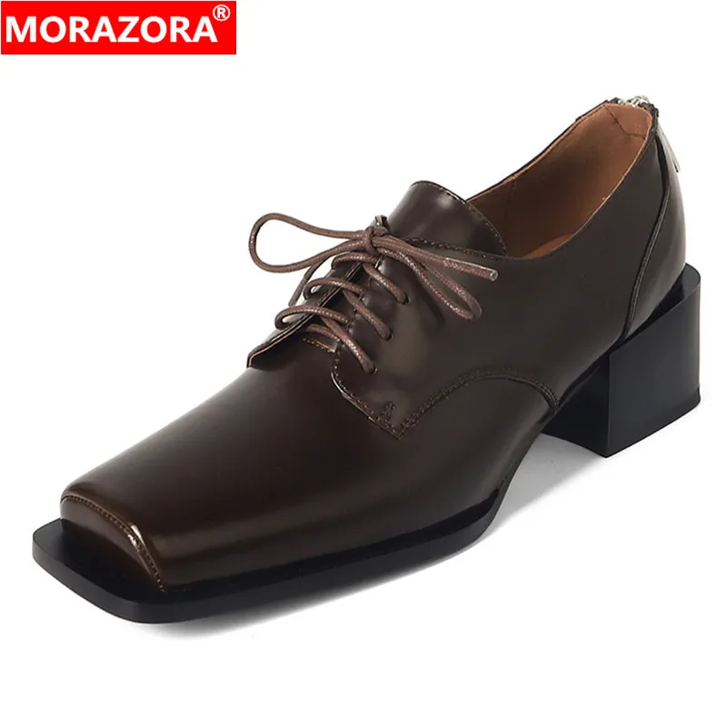 

MORAZORA 2024 New Patent Genuine Leather Women Pumps Lace Up Square Heels Handmade Ladies Office Dress Shoes