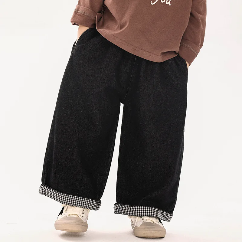 New Autumn Kids solid color straight jeans 2024 children patchwork plaid loose denim Trousers Boys casual pants