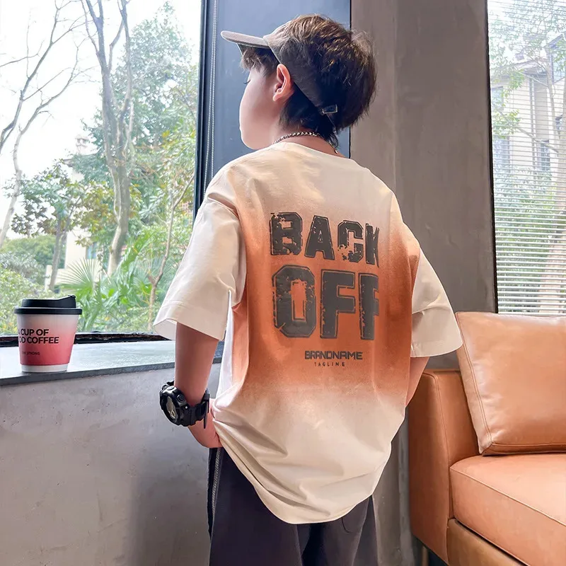 

Boys Letter Gradient Short-sleeved T-shirt Summer Clothing Summer Pure Cotton Half-sleeved Outer Clothing Outfit Loungewear