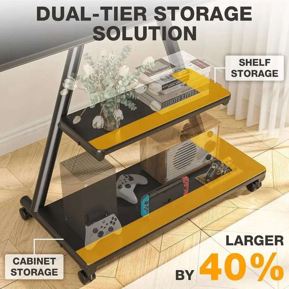 Portable TV Stand for 43-80 Screens, Adjustable Height, Mobile Cart with Wheels and Dual Shelves