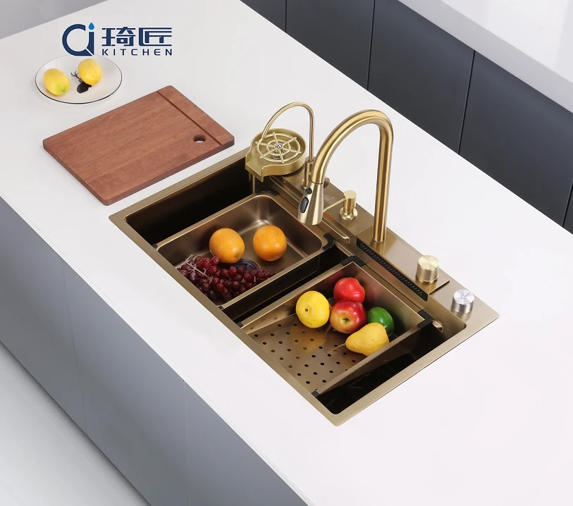 Waterfall Kitchen Sink With Cup Washer Sinks Custom Industrial Kitchen Stainless Steel Retail Method New Smart Kitchen Products