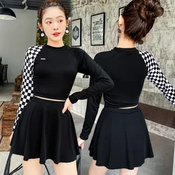 Two Piece Fashion Checkerboard Bikini Women's Long Sleeved Covering Belly Split Conservative Dress Style Gathering Swimwear