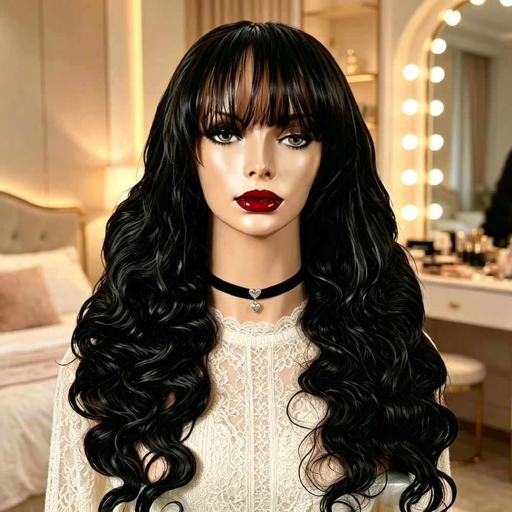 Brazilian Hair 250% Density Body Wave Wig with Bangs 32 Inch 3x1 Front Full-Machine Made Natural Looking Human Hair Wig