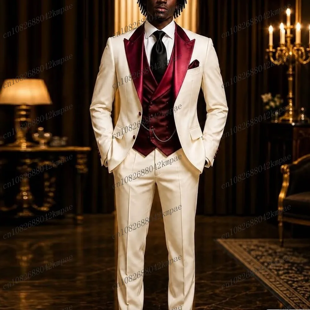 Traje formal nuevo para hombre, blanco y burdeos, para novio, padrino de boda, fiesta, graduación, negocios, esmoquin masculino, conjunto de 3 piezas, blazer, chaleco y pantalones 01