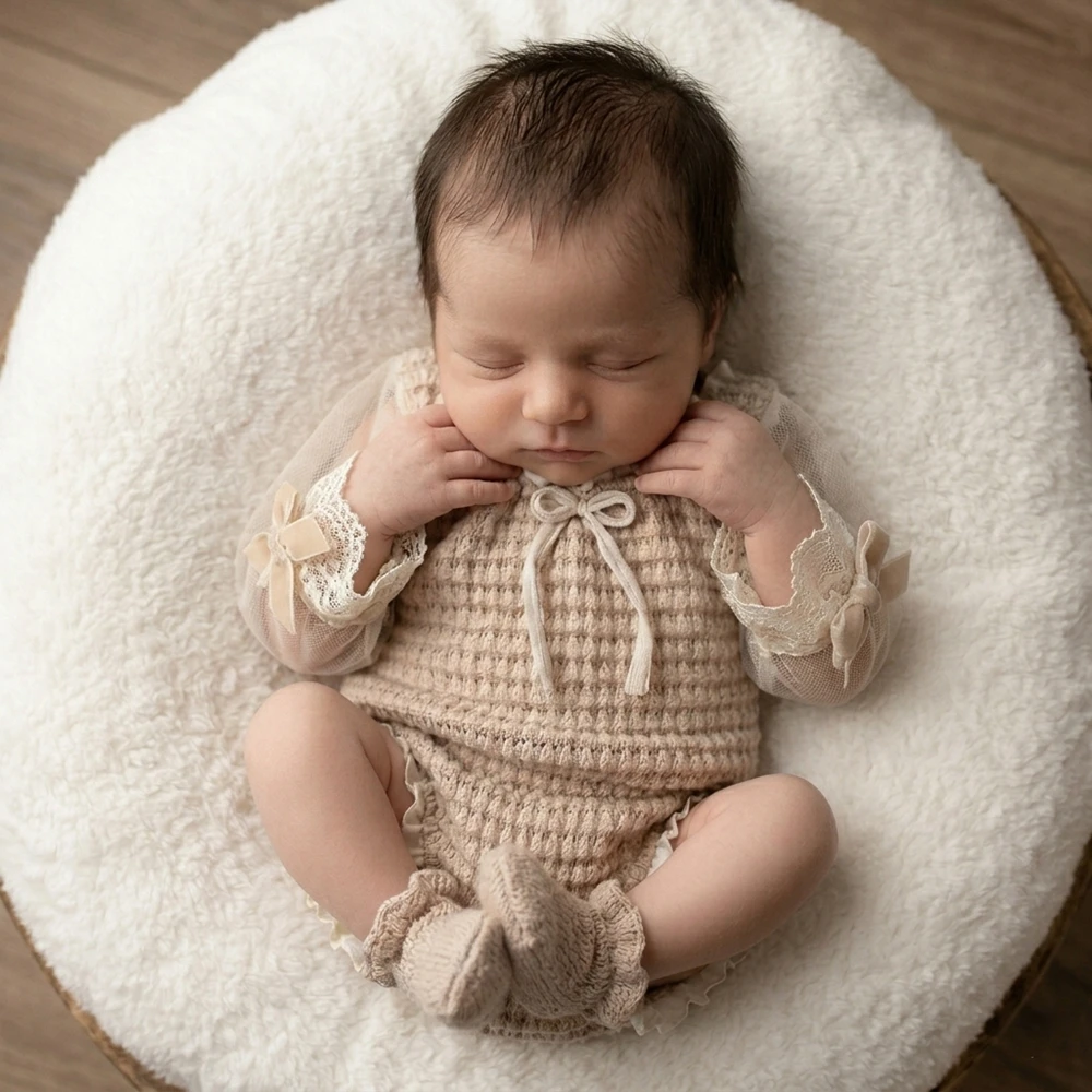 Newborn Photography Props Knit Baby Romper Vintage Lace Long Sleeve Bow Princess Infant Photoshoot Outfit Studio Clothes