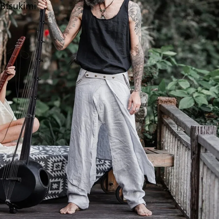 

2024 Spring Summer Men's Casual Long Pants Trousers Vintage Cotton Linen Streetwear Trousers Male Belt Button Solid Loose Pants