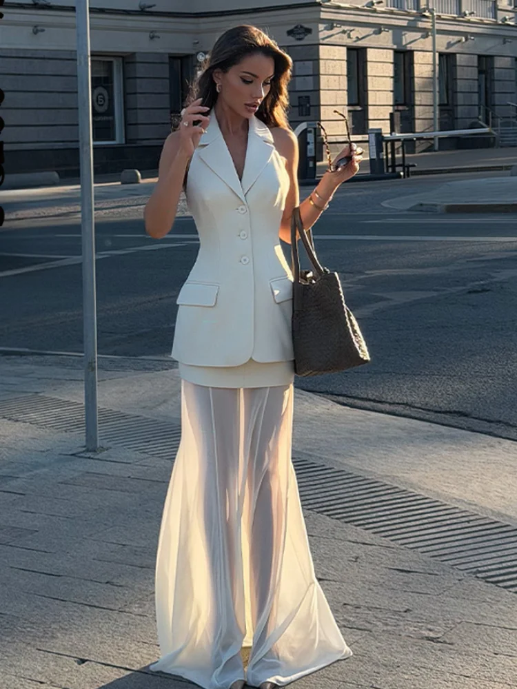 Sleeveless Blazer Skirt Suit Notched Lapel Waist Tied Backless Top With Sheer Mesh Long Skirts Chic Banquet Outfits For Women