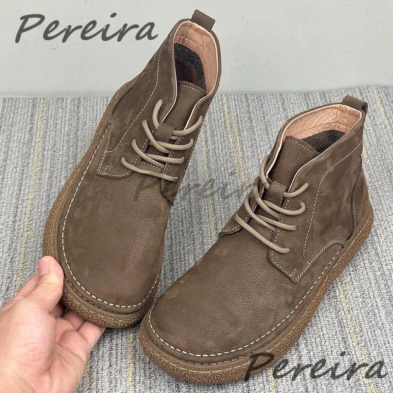 

Men's Soft Leather Thick Soled Short Boots Autumn Winter Plush Round Toe Lace Up Ankle Boots Outdoor Warm Couple Casual Shoes