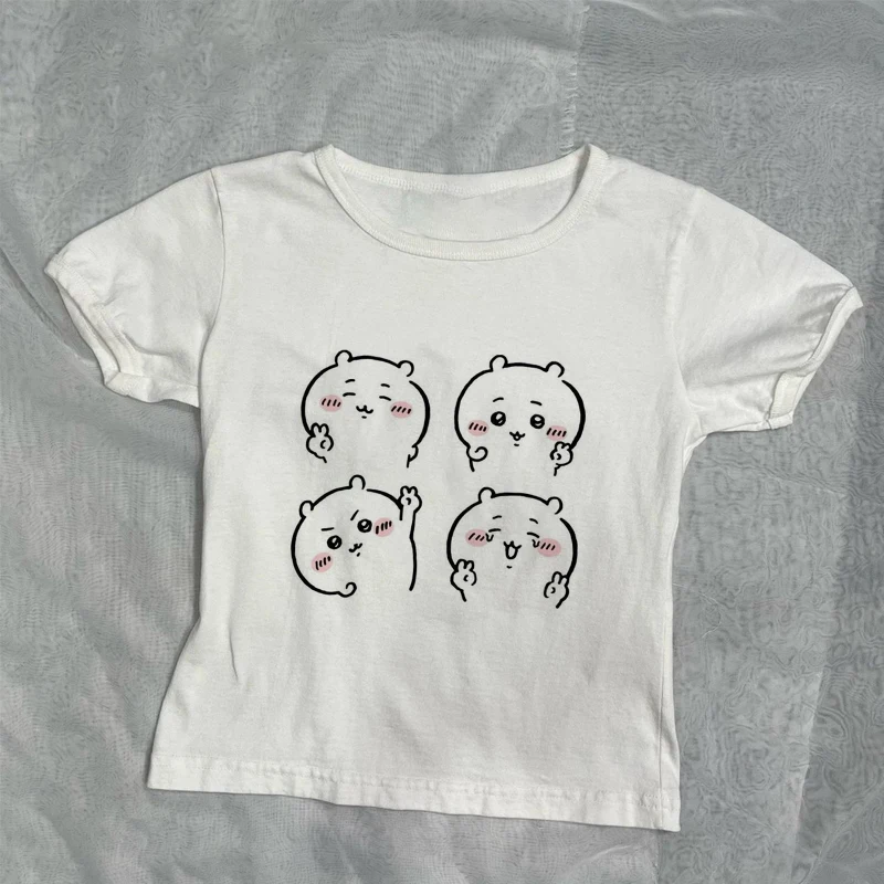 2000s خمر المرأة المحاصيل الأعلى فاسق الشارع الشهير ضئيلة الجمالية Chiikawa طباعة الجرونج Y2k الملابس القوطي ايمو الطفل المحملة النساء بلايز 90s