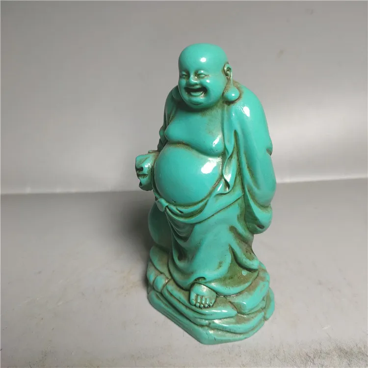 Hand-Carved Chinese Natural Turquoise Maitreya Buddha Green Laughing Budai Monk Statue - Unique Oriental Home Decor Ornaments