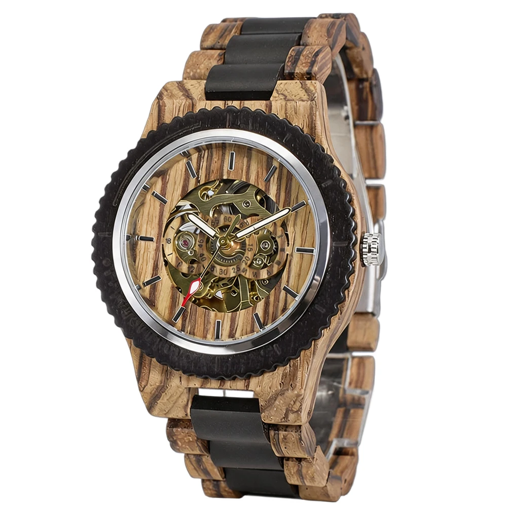 Wooden Skeleton Automatic Mechanical Watch for Men with Fashion Style and Round Fold Clasp Design