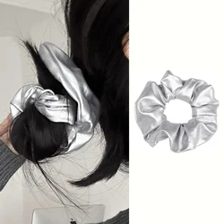 y2k PU Leather Scrunchies Metal Silver Color Hair Tie Sweet Simple Elastic Hair Band Women Hair Accessories Daily Headwear