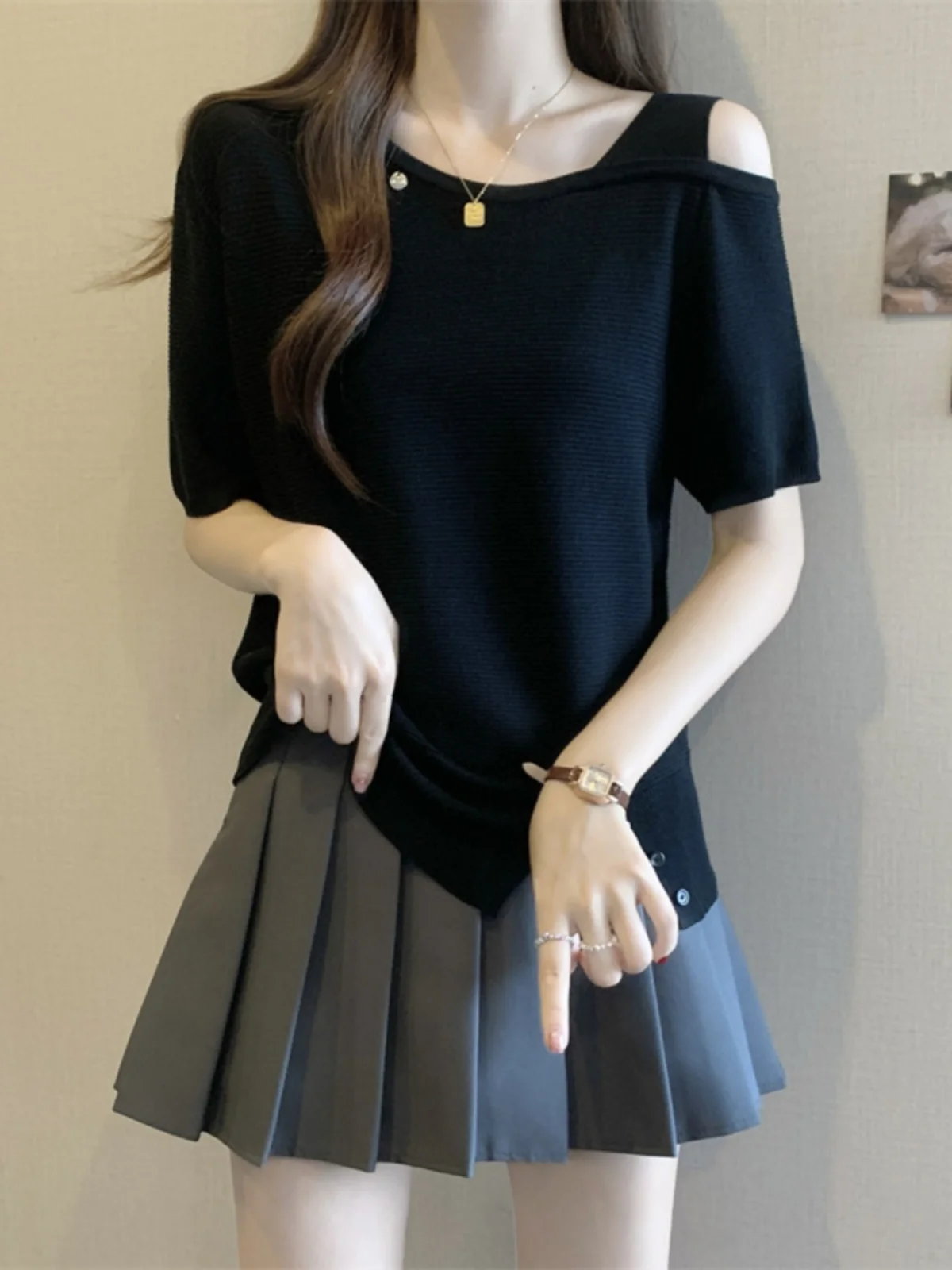 

plus Size Women's Ice Silk Knitted ort Sve T-irt Belly Covering oulder Bared Summer Slimming Design Casual Top