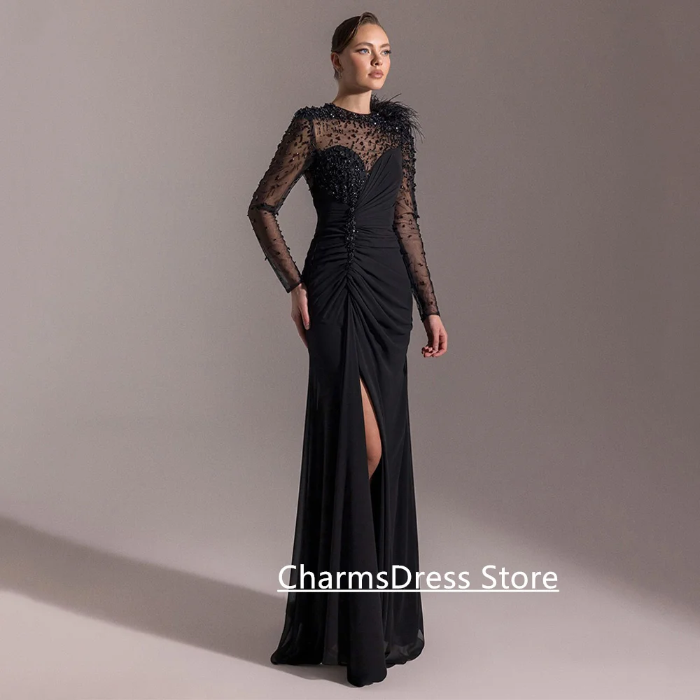 فستان حفلة موسيقية عنابي مخصص بأكمام طويلة مطرز بالترتر من الشيفون فساتين سهرة بطيات من الريش المقسم #5