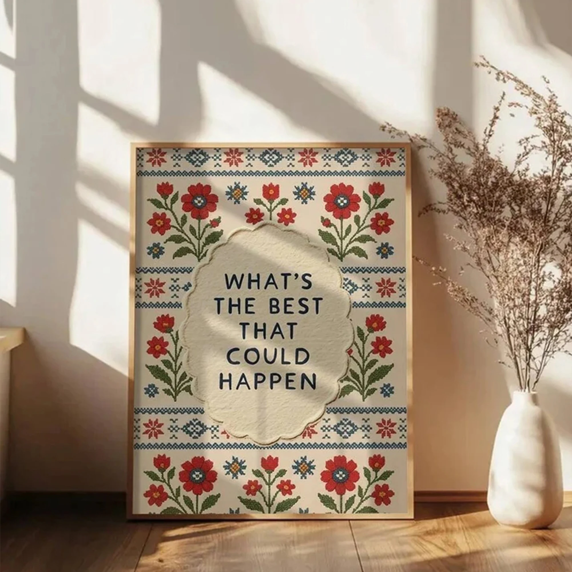 Retro Red Botanical Border Motivational Text Wall Art Print Canvas Painting Poster Picture For Living Room,Bedroom Home Decor