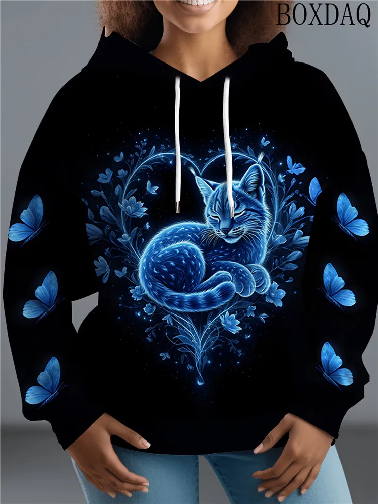 2026 Women's Autumn Cute Cat Gradient Print Comfortable Soft Hooded Long Sleeved Pocket Drawstring Sweatshirt Outdoor Casual Top