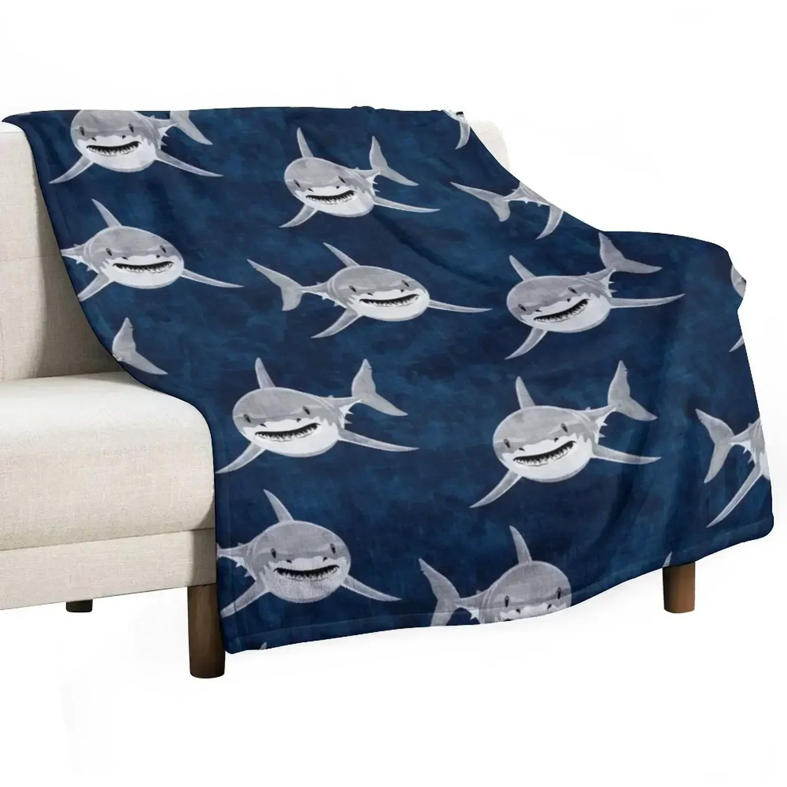 Sharks! - dark blue Throw Blanket Shaggy Thin Retros Hairy bed plaid Furry Blankets